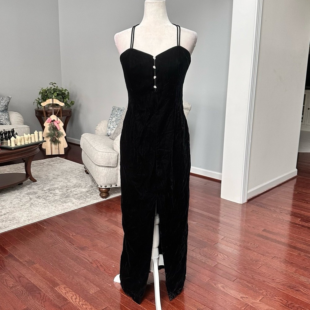 Vintage‎ Ever Beauty Black Velour Embellished Buttons Frint Slit Gown Dress